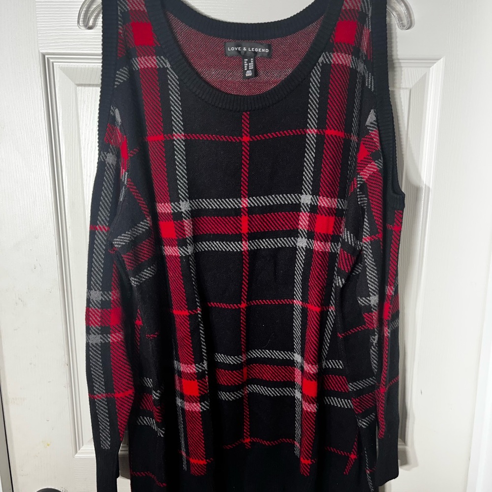NWOT Love & Legend Black and Red Plaid Sweater Open Shoulder